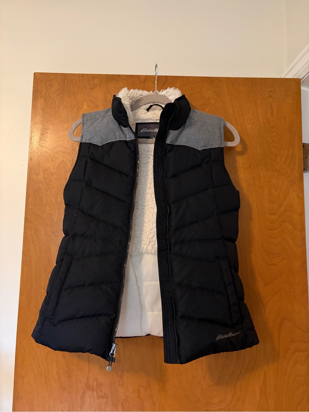 Eddie Bauer Black Puffer Vest with White Sherpa Lining